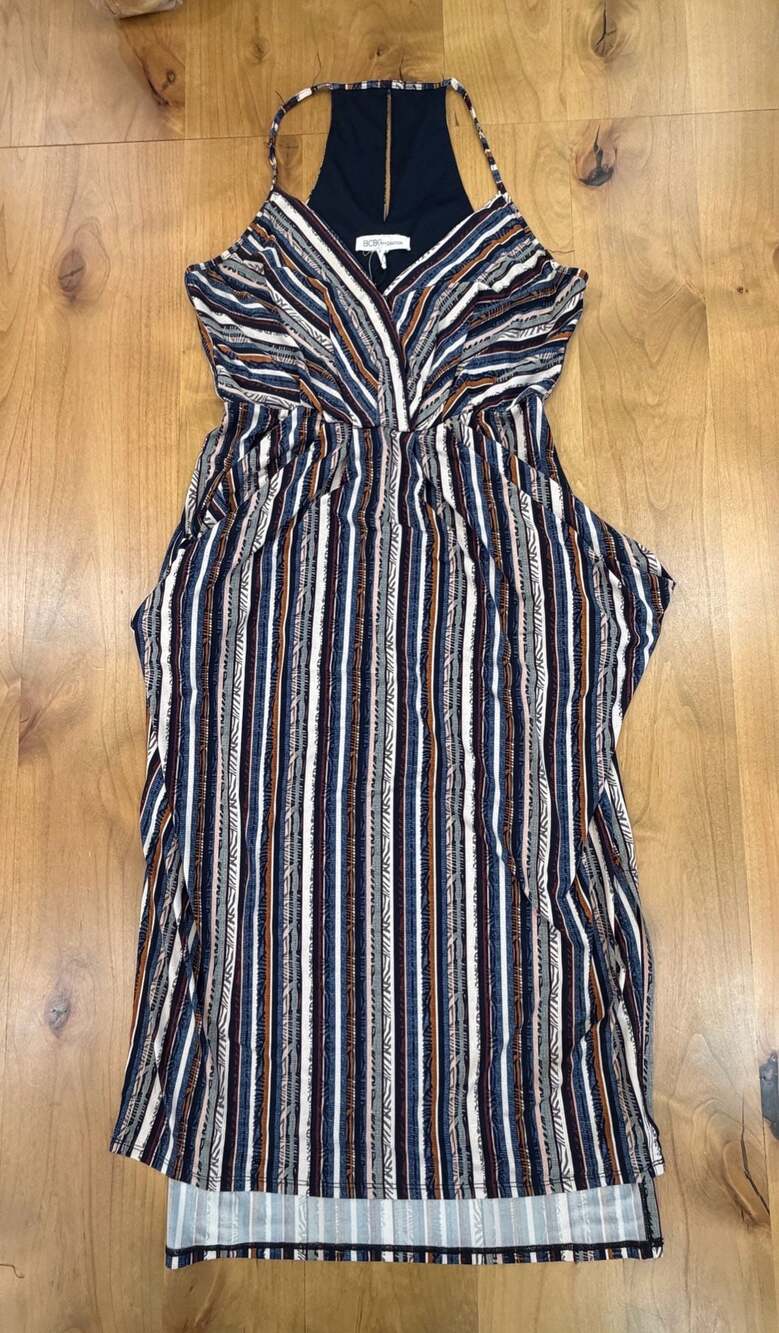 BCBGeneration Stripe Faux Wrap Hi-Low Midi Dress with Pockets Med